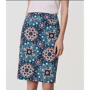LOFT 6P Medallion Pencil Skirt Blue Pink Boho Workwear Career NWT